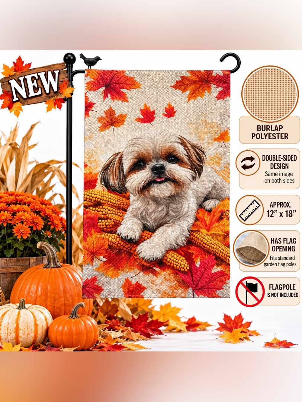 Garden Flag, Autumn Shih Tzu, burlap, double-sided, 12”x18”